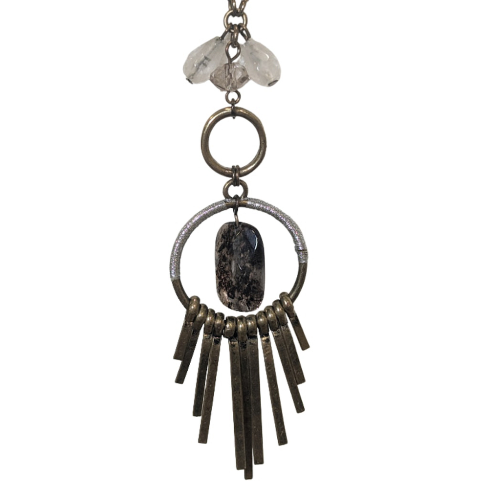 Modern Boho Artisan Fringe Pendant Necklace Stone Metal Silver Wrap Detail